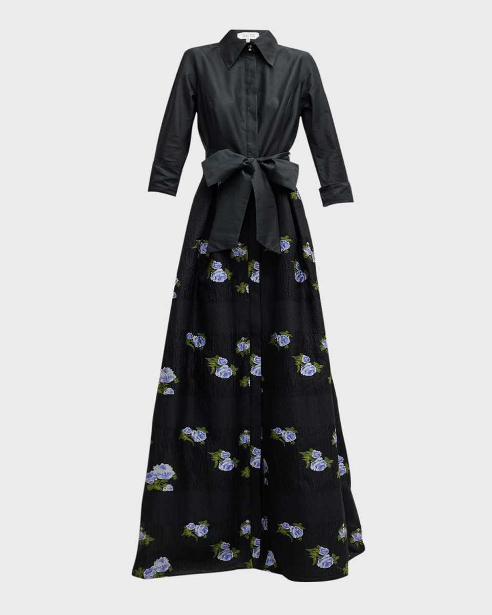 Floral-Embroidered A-Line Organza Shirt Gown